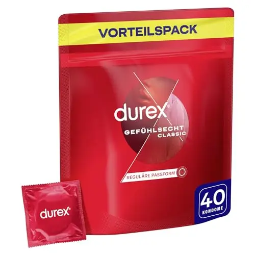 Durex Gefühlsecht Classic Kondome, dünn, anatomisch geformt, mit Gleitgel, 40 Stück