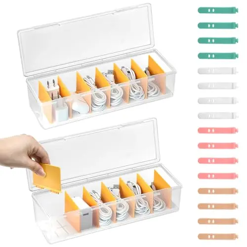 VGECEE 2er Kabel Organizer Box, transparent mit 4 Fächern & 16 Kabelbindern für Büro & Zuhause