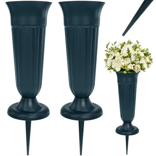 VGECEE Grabvase mit Erdspieß - 2 Stück, 21 cm Stehende Blumenvase für Grabschmuck, Grün