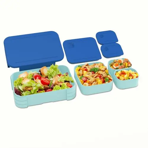 XJIANFU Brotdose Kinder 3-in-1 Bento-Box, Auslaufsichere Lunchbox für Mädchen & Jungen, Mikrowellen- und spülmaschinenfest (Blau)