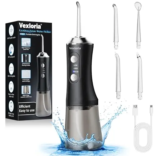 Vexloria Kabellose Munddusche - Tragbarer Water Flosser mit 3 Modi & 4 Düsen für effektive Mundpflege (Schwarz)