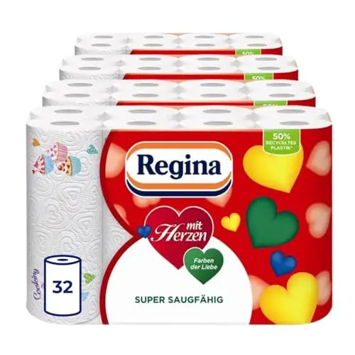 Regina Haushaltstücher mit Herzen, 32 Rollen (8 x 4), 3-lagig, super saugfähig und hochwertig