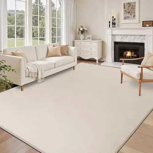 SHACOS Beige Teppich 140x200 cm, Rutschfest, Flauschig, Waschbar, Modernes Fell-Design für Wohnzimmer & Schlafzimmer