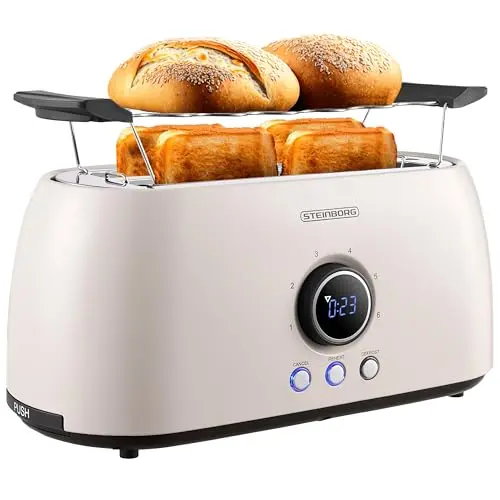 Steinborg 4-Scheiben Toaster mit Brötchenaufsatz und LED Display - Langschlitztoaster in Bulgur Beige