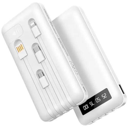 Powerbank 26800mAh mit 4 integrierten Kabeln und Schnellladefunktion - Externe Handyakkus für iPhone, iPad und Samsung Galaxy - Weiß