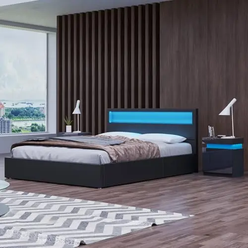 Komtopod Polsterbett Doppelbett 140x200 cm mit LED-Beleuchtung, Stauraum, Metallbett ohne Matratze (Schwarz)