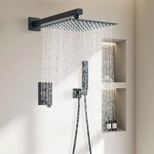 Duschsystem Schwarz mit Duschsäule und 30x30 cm Duschkopf für Badezimmer