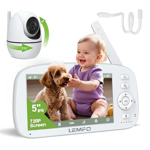 LEMFO Babyphone mit Kamera 5 Zoll, Akkubetrieben, Nachtsicht, Geräusch- und Temperaturerkennung, Zwei-Wege Audio, 293m Reichweite