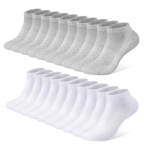 FALARY Sneaker Socken Damen/Herren, 10 Paar, Atmungsaktive Baumwollsocken, Kurzsocken 35-38, Weiß/Grau