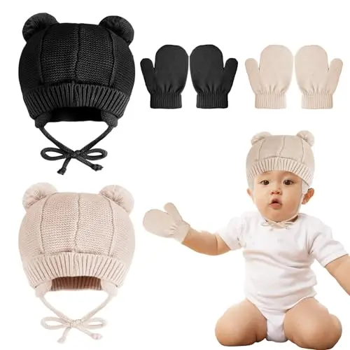 PEUTIER 2 Sets Wintermütze und Handschuhe für Kleinkinder, warme Baby-Strickmützen und Fleece-Fäustlinge (Khaki, Schwarz)