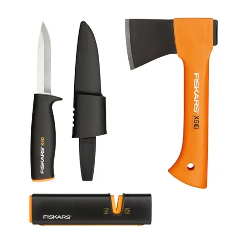 Fiskars Kaminofen-Set: Freizeitbeil X5-XXS, Universalmesser K40 und Axtschärfer