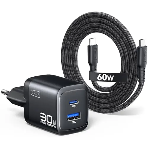 INIU 30W USB C Ladegerät, Dual-Port GaN Schnellladegerät mit 1,5m 60W Kabel