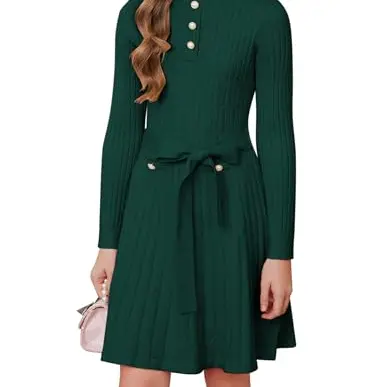 GRACE KARIN Mädchen Herbstkleid A-Linie mit Gürtel Langarm Rundhals Dunkelgrün 8 Jahre