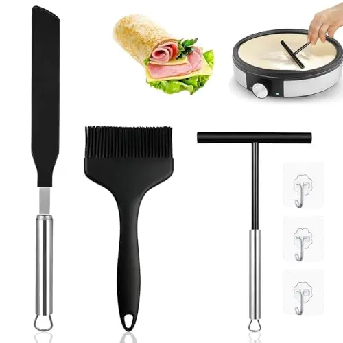 Vninkul 3er Set Crepes Verteiler und Spatel aus Edelstahl und Silikon - Küchenzubehör für Crepes und Pancakes