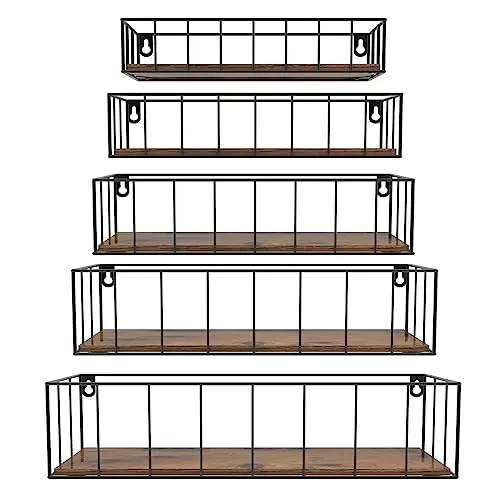 HORLIMER 5er-Set Wandregal mit schwarzen Metallstäben und braunem Holzbrett für Küche, Bad, Schlafzimmer und Büro