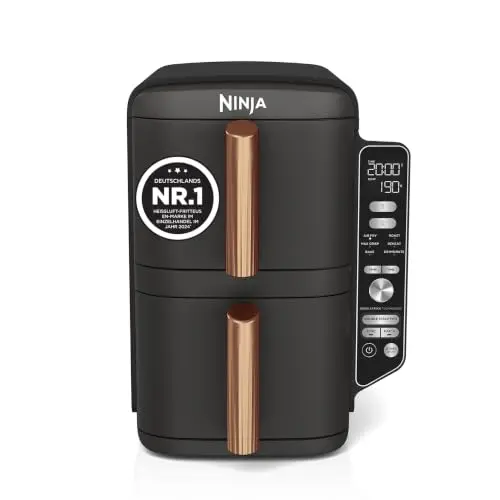 Ninja Double Stack XL Heißluftfritteuse, 9,5 L, 2 Schubladen, 6 Funktionen, platzsparendes Design, inkl. Zange, Schwarz/Kupfer