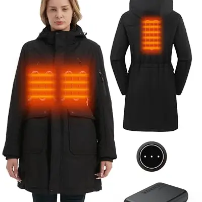 HEWINZE Damen beheizte Softshell-Langjacke mit abnehmbarer Kapuze und Akku, Wintermantel