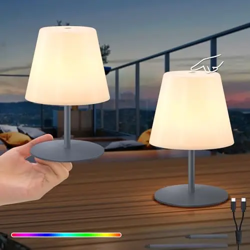 RWWR 2er Set LED Tischlampe kabellos - Mini, 8 Farben, USB-C aufladbar für Wohnzimmer, Balkon und Terrasse (Grau)
