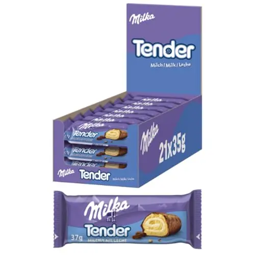 Milka Tender Milch – Biskuit-Rolle mit Milchcrème-Füllung in Alpenmilch-Schokolade – 21 x 35g