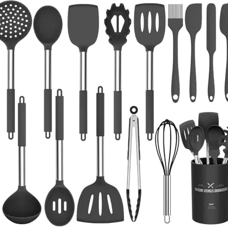 15-teiliges Silikon Küchenutensilien-Set, hitzebeständig, mit Edelstahl-Griff, spülmaschinengeeignet (Schwarz)
