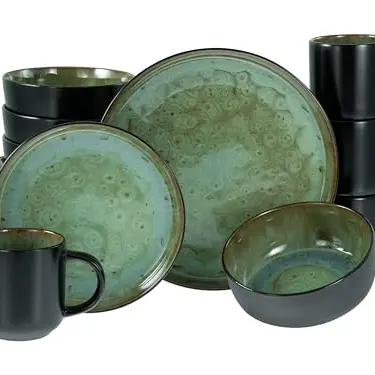CreaTable Nordic Fjord Green, 16-teiliges Kombiservice aus Steinzeug, spülmaschinen- und mikrowellengeeignet