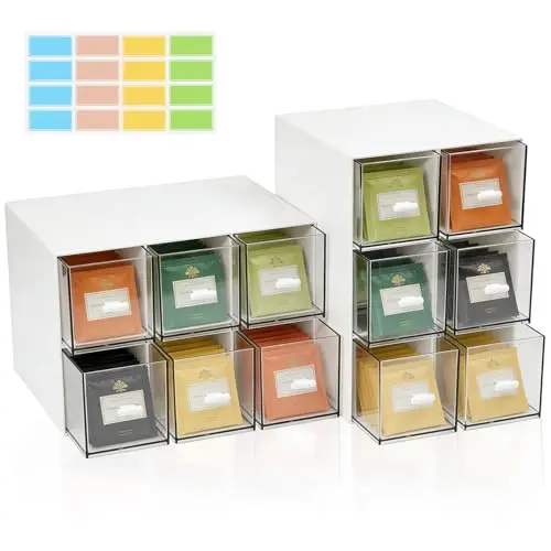 Vunanvu Tee Organizer mit 12 Schubladen für 400 Teebeutel – Weiße Teebox