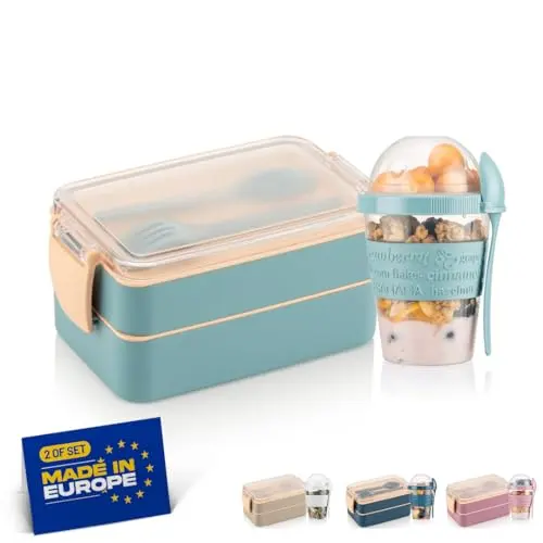 Winkly® Lunchbox für Kinder, 2-Fächer Bento Box mit Müslibecher, mikrowellen- & spülmaschinengeeignet, Türkis