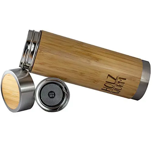 Holzwurm Bambus Thermobecher aus Edelstahl mit Teesieb (360 ml) - Isolierbecher für Tee & Kaffee to Go