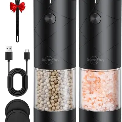 Sangcon Salz- und Pfeffermühle 2er Set, USB Wiederaufladbar, mit LED-Licht, Automatische Mahlung, Einstellbare Mahlstärke