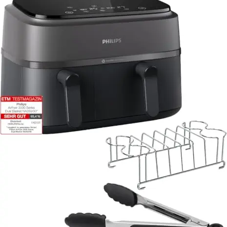 Philips Airfryer Dual Basket 3000 Series Heißluftfritteuse, 9L, 2 Körbe, RapidAir Plus, inkl. Frühstücksset