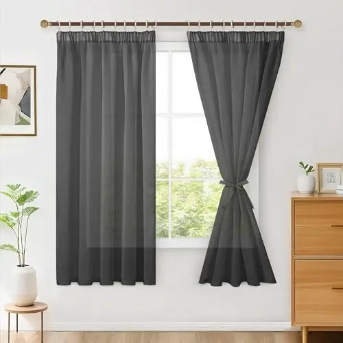 Hiasan 2er Set transparente Voile Vorhänge, 145x140cm, Schwarz, luftige Scheibengardinen für Wohnzimmer und Schlafzimmer