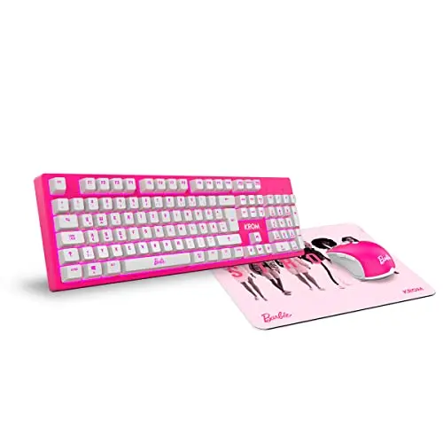 KROM Barbie Edition KANDY Tastatur- und Maus-Set mit Gummimatte – Weiße LED, 6400 DPI, Deutsches Layout, Pink