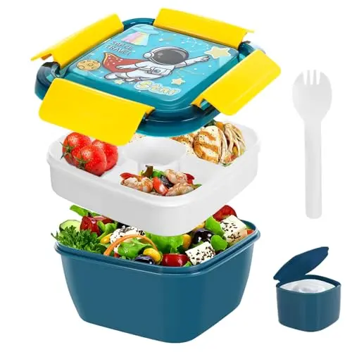 Salat To Go Box Bento Lunchbox für Erwachsene und Kinder – Mikrowellengeeignet, 3 Fächer, mit Dressingbehälter (Blau)
