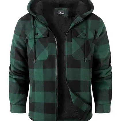 zitysport Herren Hemdjacke Kariert Fleece Gefüttert Kapuzenjacke Winterjacke mit Taschen (Grün, M)