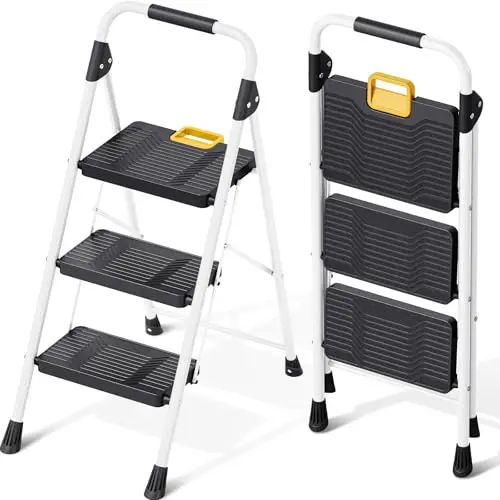 KINGRACK 3-stufige Klappleiter, max. 150 kg, Antirutschpedale, Handläufe, für Wohn- und Büroschränke, weiß