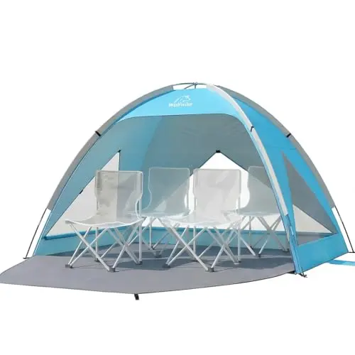 Wolfwise Strandmuschel UV-Schutz, 4 Personen, mit Belüftungsfenstern, Tragetasche, erweiterbare Boden, 240x165x140cm, Blau