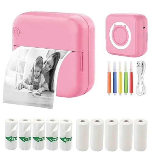PRINHSJI Mini Drucker, Tragbarer Fotodrucker mit 10 Rollen Papier für Fotos, Notizen und Memos, kompatibel mit iOS und Android