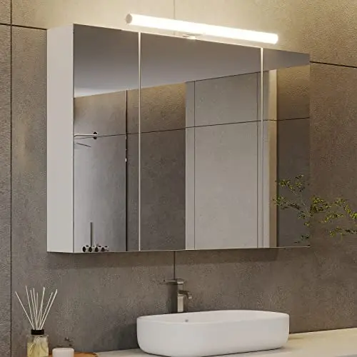 DICTAC Spiegelschrank mit Beleuchtung, Steckdose und 3 Türen, 80x16x60cm, Weiß