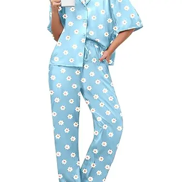 Famulily Damen 2er Set Kurzarm Pyjamas Bequem Homewear Lounge Pjs Blau L