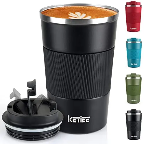 KETIEE Thermobecher 13oz/380ml Edelstahl - Auslaufsicherer Kaffeebecher To Go, Doppelwandig, Schwarz