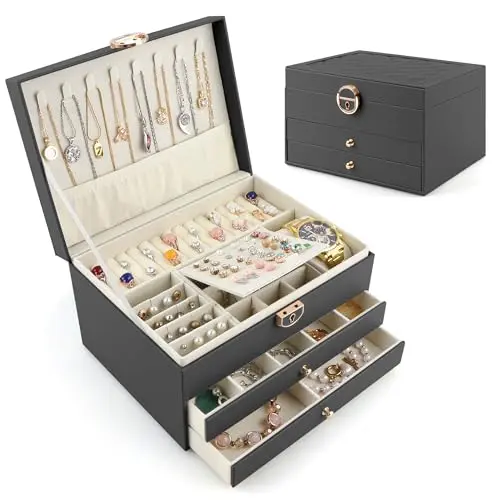 Lacusmall Schmuckbox 3-lagig mit 2 Schubladen, eleganter Schmuckorganizer in Schwarz für Ohrringe, Ringe, Halsketten und Armbänder