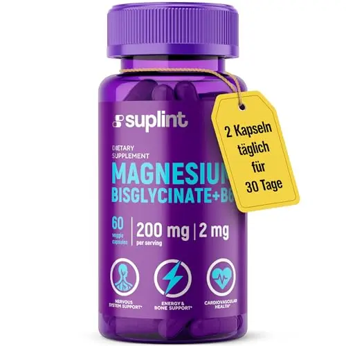Magnesium Bisglycinate 200mg mit Vitamin B6 - Hochdosiert, Vegan, 60 Kapseln