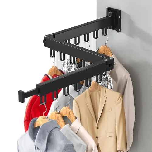 LPAMABA Ausziehbarer 3-Fach Wand-Wäscheständer mit Handtuchstange und 18 Haken, ideal für Balkon, Bad und Schlafzimmer