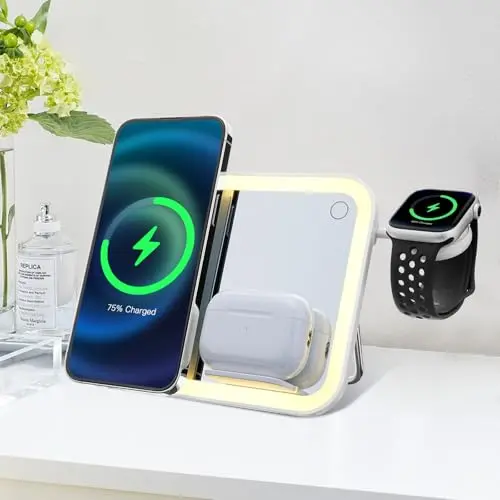 Bestcool 3-in-1 Kosmetikspiegel mit Licht - Tragbar, kabelloses Laden für AirPods, Telefon und Uhr, ideal für Zuhause und Reisen