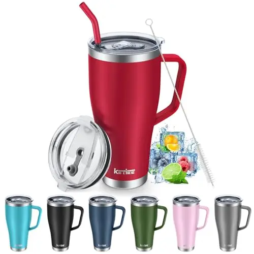 KETIEE Thermobecher 850ml mit Strohhalm – Kaffeebecher to go, Edelstahl mit Griff, für heiße und kalte Getränke, Rot
