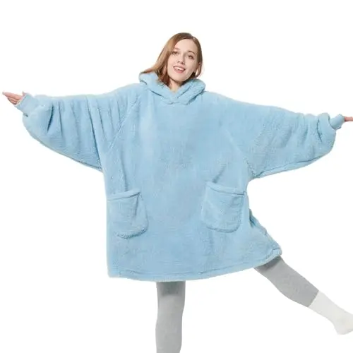 Bedsure Hoodie Decke mit Ärmeln - Tragbare warme Decke für Erwachsene, Hellblau, XXL