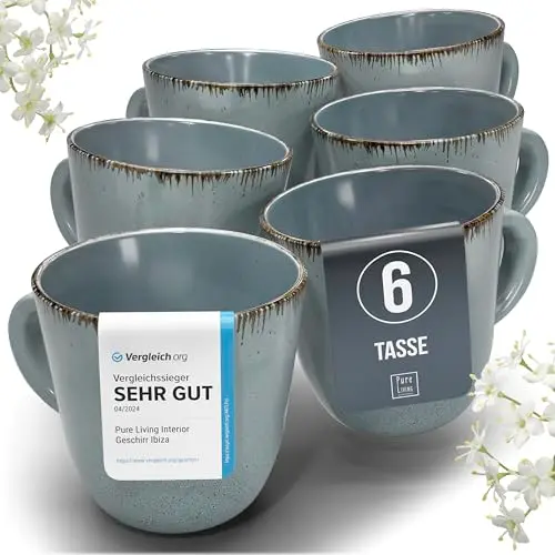 6-teiliges Steingut Tassen Set in Rauchblau, Rustic Landhausstil, hochwertiges Tee- und Kaffeebecher Set