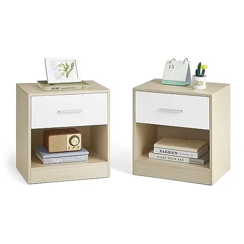 VASAGLE Nachttisch 2er Set, Beistelltisch mit Schublade und offenem Fach, naturbeige/weiß