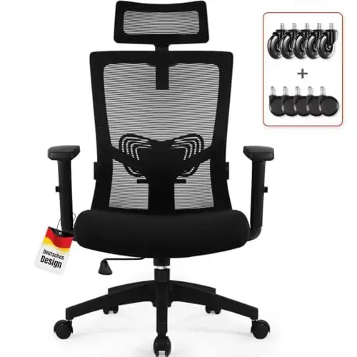 Daccormax Ergonomischer Bürostuhl mit verstellbarer Kopfstütze, Armlehnen, Lendenwirbelstütze, Dreh-, Wippfunktion bis 135°, Mesh, rückenschonend, 150 kg