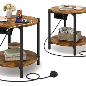 IRONCK Nachttisch 2er Set mit Steckdose & USB-C, Sofatisch aus Holz & Metall für Schlafzimmer (Vintagebraun)